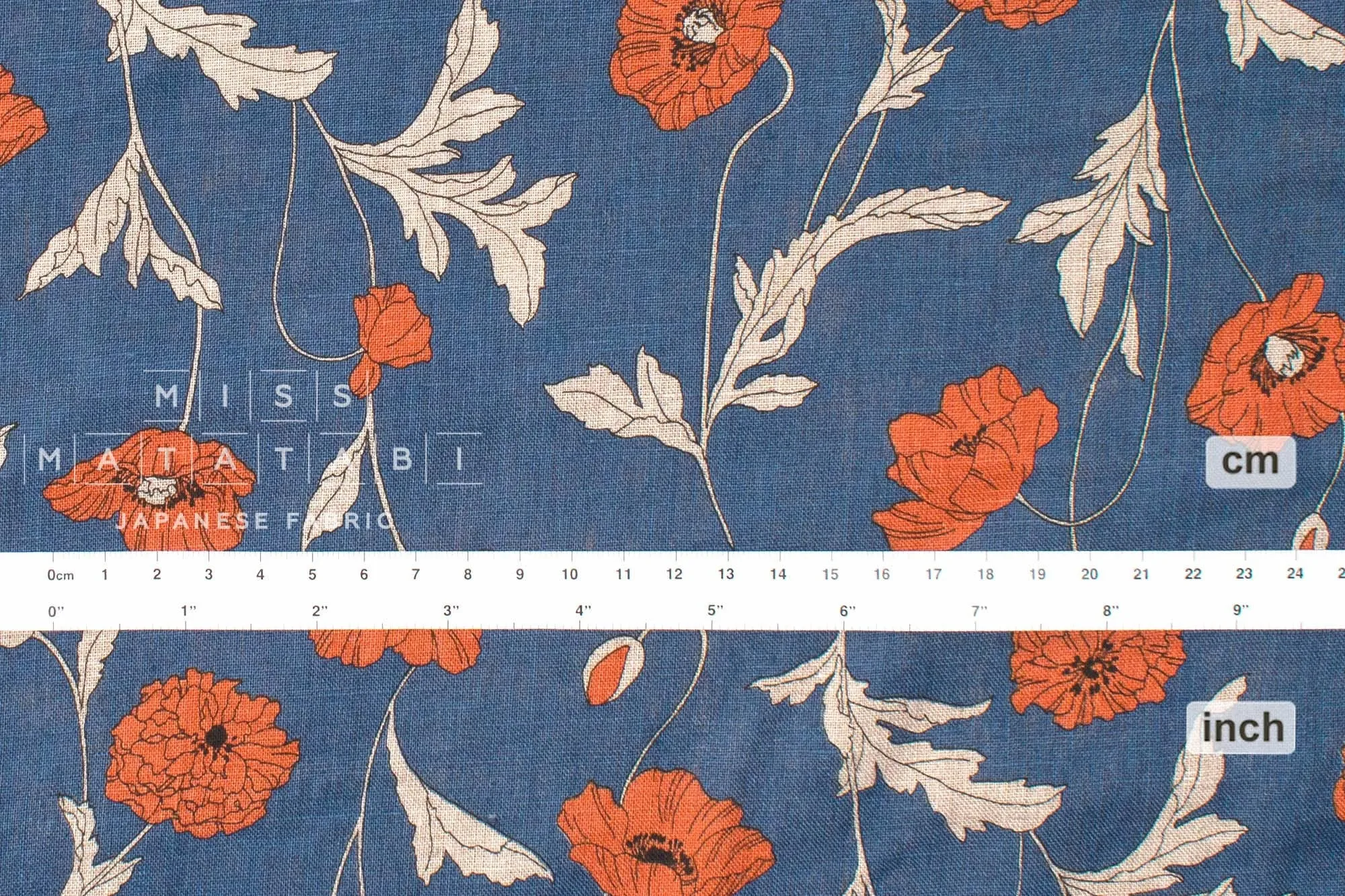 100% linen Hokkoh Poppies III - blue, orange