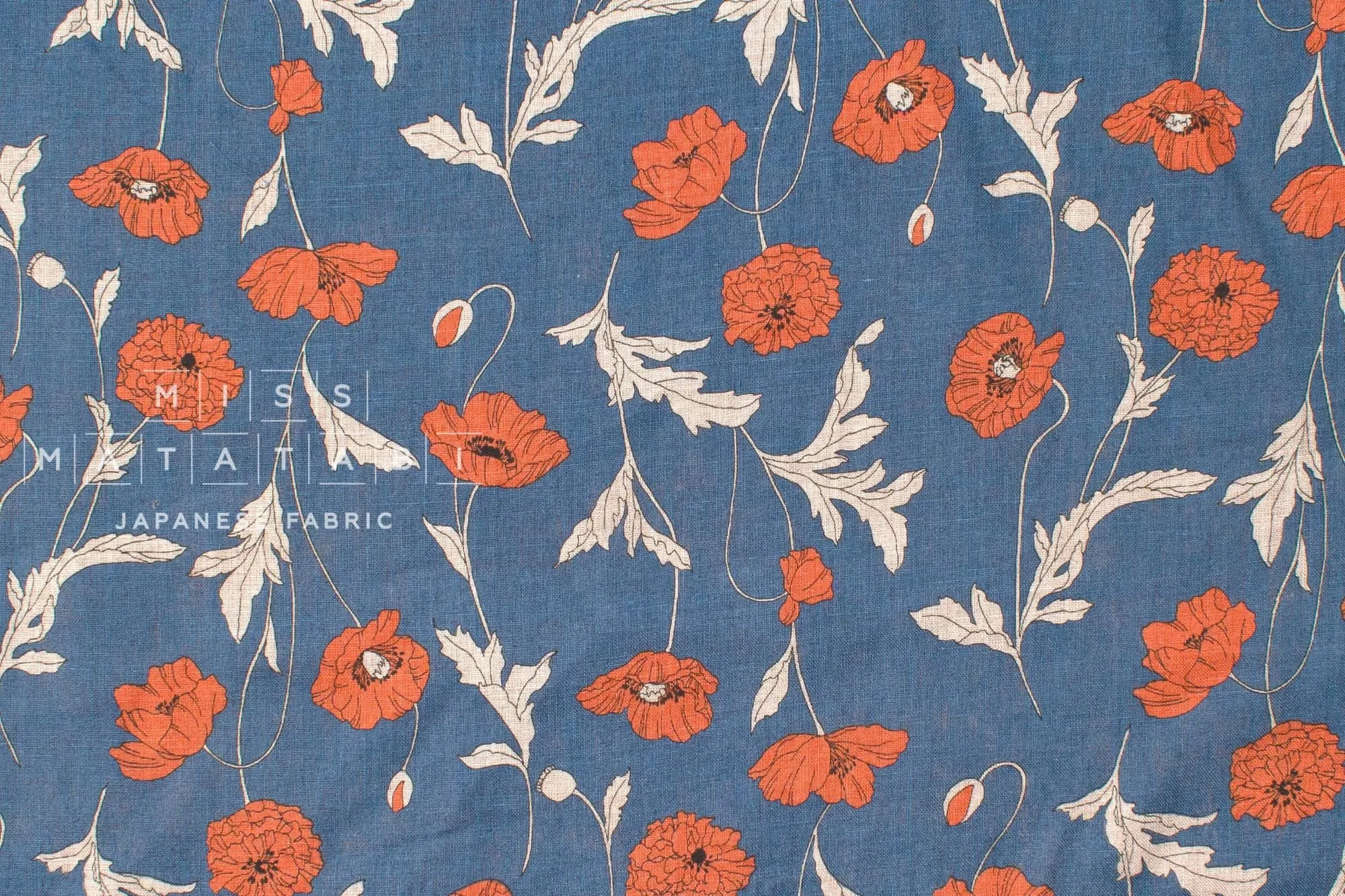 100% linen Hokkoh Poppies III - blue, orange