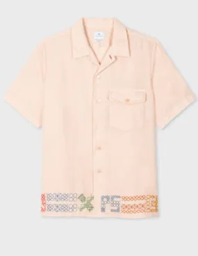 Beige Linen Shirt with Cross Stitching
