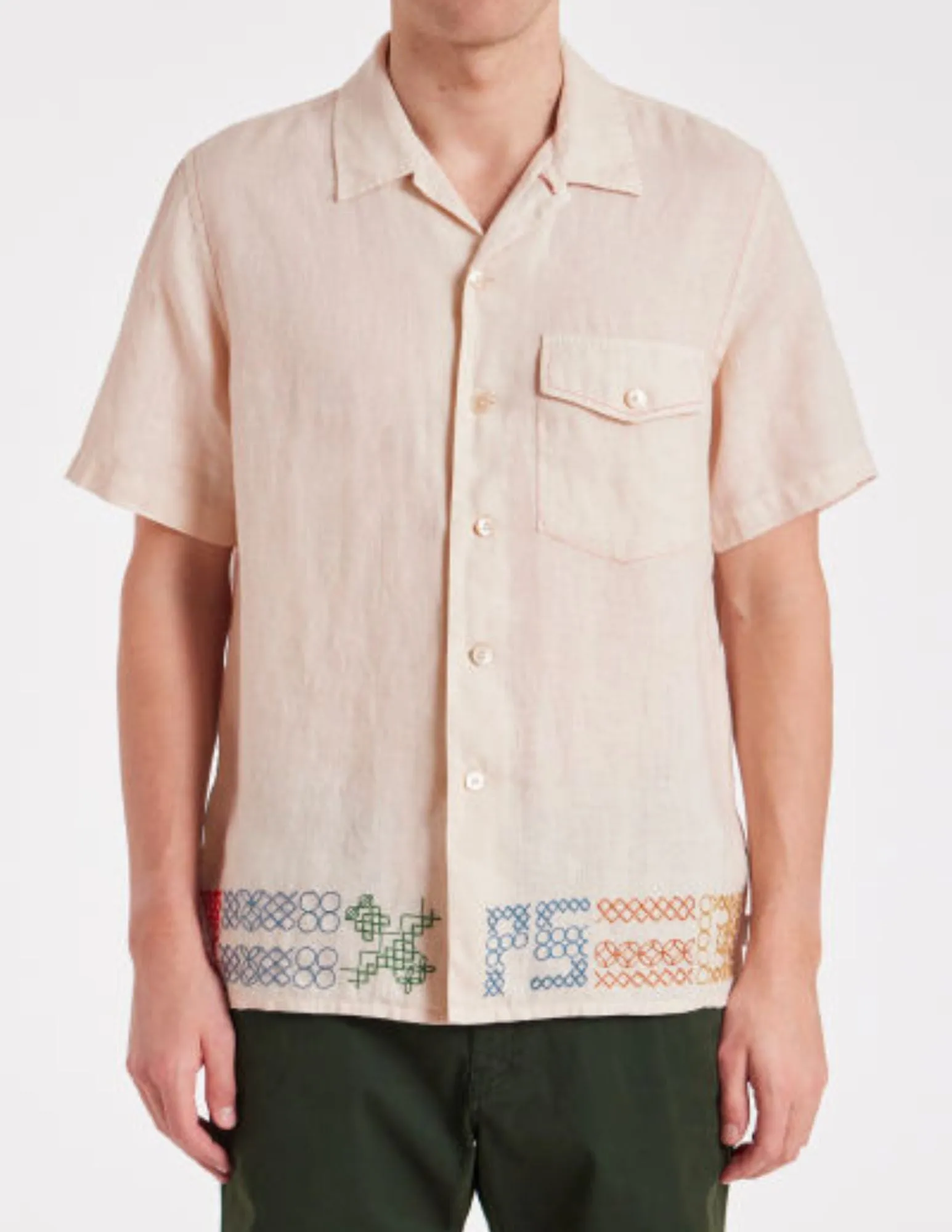 Beige Linen Shirt with Cross Stitching