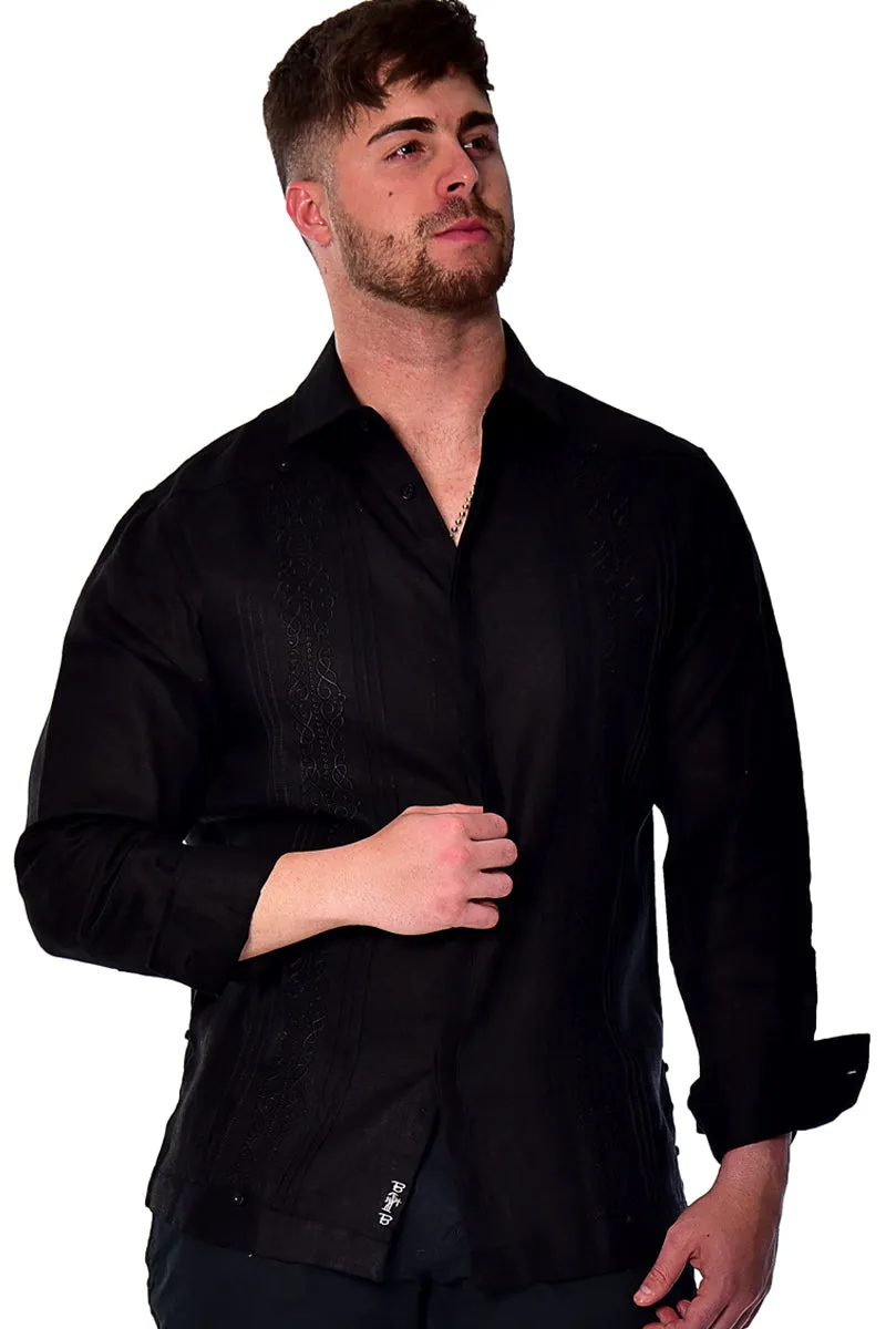 Bohio Mens 100% Linen Fancy Guayabera Style Shirt for Men - Embroidered and Pin-Tucked in (3) Colors MLFG2030
