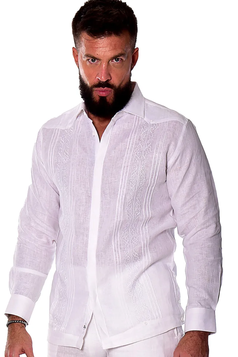Bohio Mens 100% Linen Fancy Guayabera Style Shirt for Men - Embroidered and Pin-Tucked in (3) Colors MLFG2030