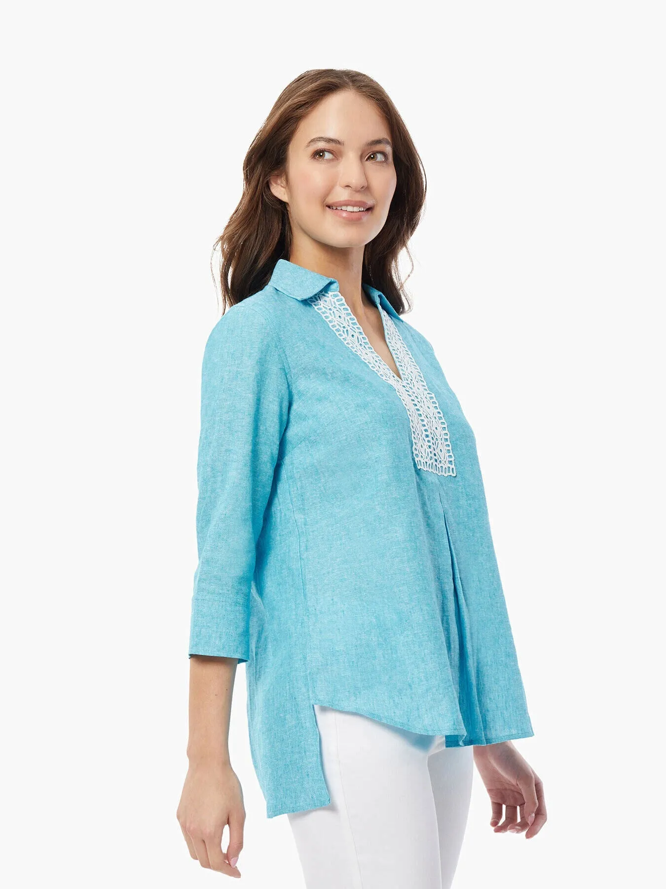 Collared Lace-Front Linen-Blend Blouse