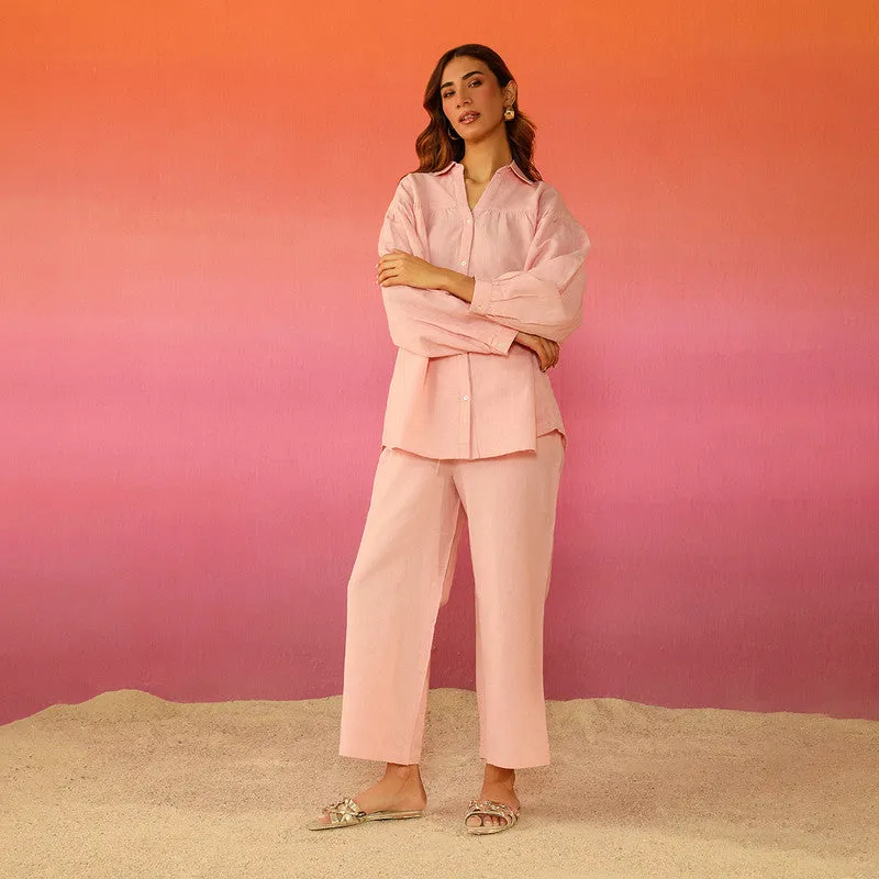 Cotton Linen Pink Co Ord Set | Full Sleeves