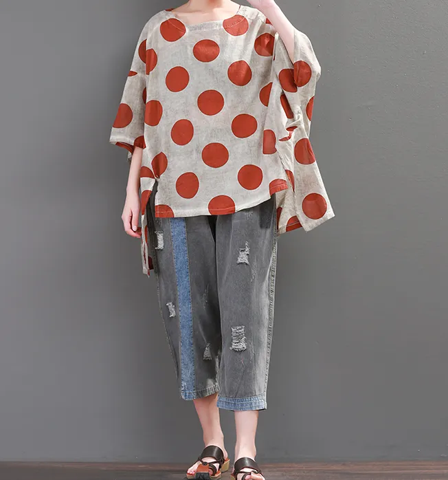 Dot Loose Casual Linen Spring Summer Women Tops SXM97299