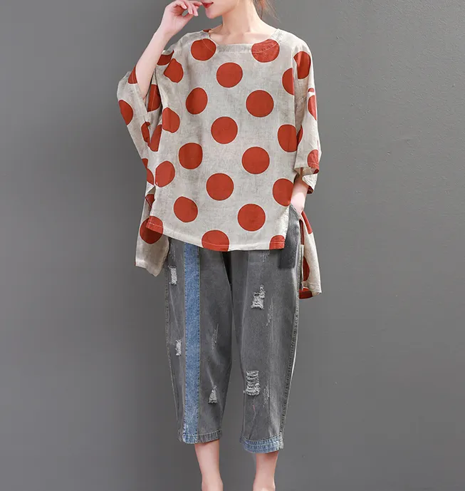 Dot Loose Casual Linen Spring Summer Women Tops SXM97299