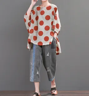Dot Loose Casual Linen Spring Summer Women Tops SXM97299