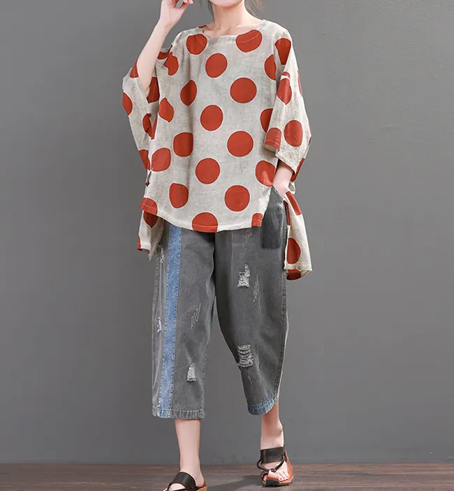 Dot Loose Casual Linen Spring Summer Women Tops SXM97299