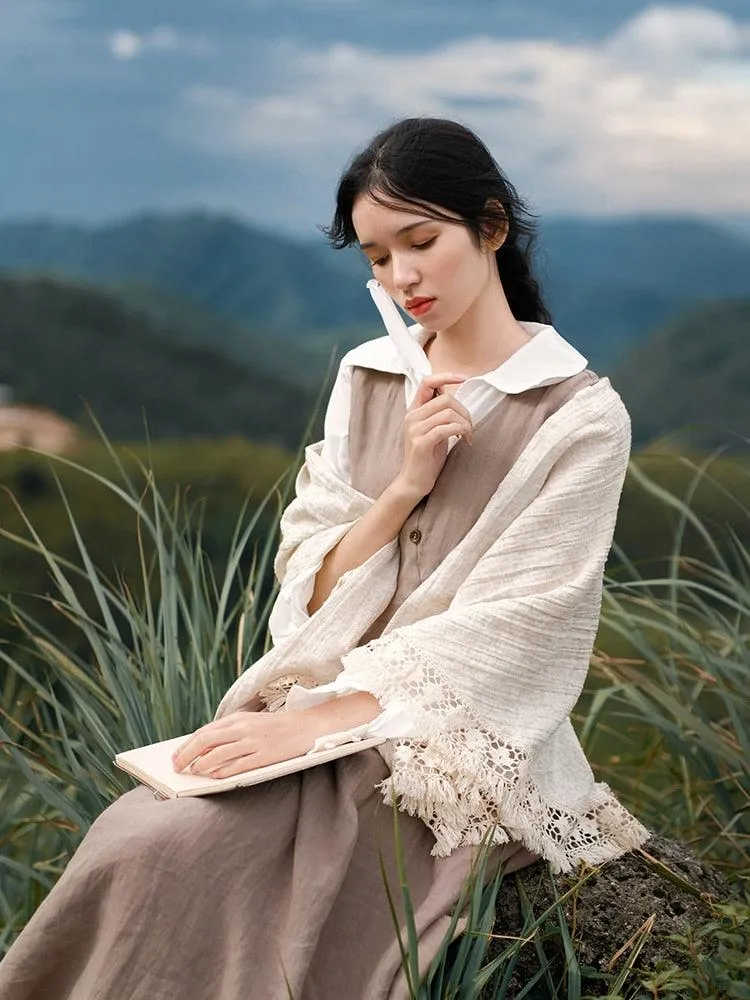Elise Long Sleeve Dresses Women Vintage Elegant Slim 100%Linen Dress Pastoral Style V-Neck Two-Piece Dress