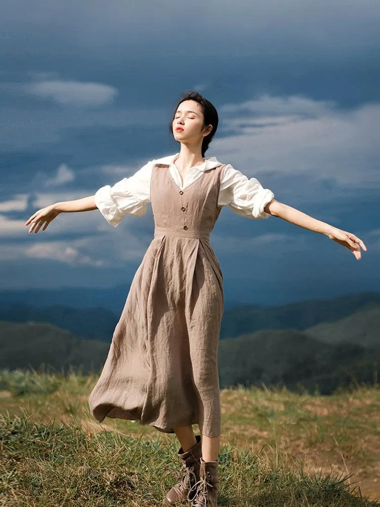 Elise Long Sleeve Dresses Women Vintage Elegant Slim 100%Linen Dress Pastoral Style V-Neck Two-Piece Dress