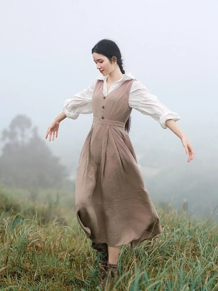 Elise Long Sleeve Dresses Women Vintage Elegant Slim 100%Linen Dress Pastoral Style V-Neck Two-Piece Dress