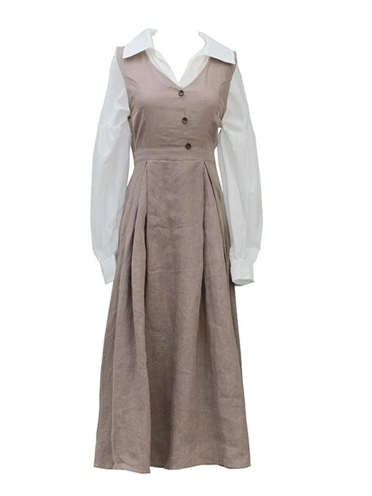 Elise Long Sleeve Dresses Women Vintage Elegant Slim 100%Linen Dress Pastoral Style V-Neck Two-Piece Dress