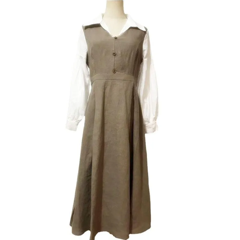 Elise Long Sleeve Dresses Women Vintage Elegant Slim 100%Linen Dress Pastoral Style V-Neck Two-Piece Dress