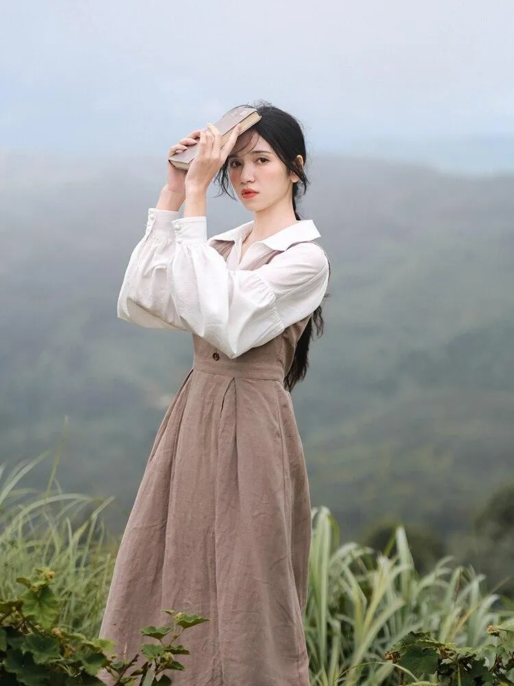 Elise Long Sleeve Dresses Women Vintage Elegant Slim 100%Linen Dress Pastoral Style V-Neck Two-Piece Dress