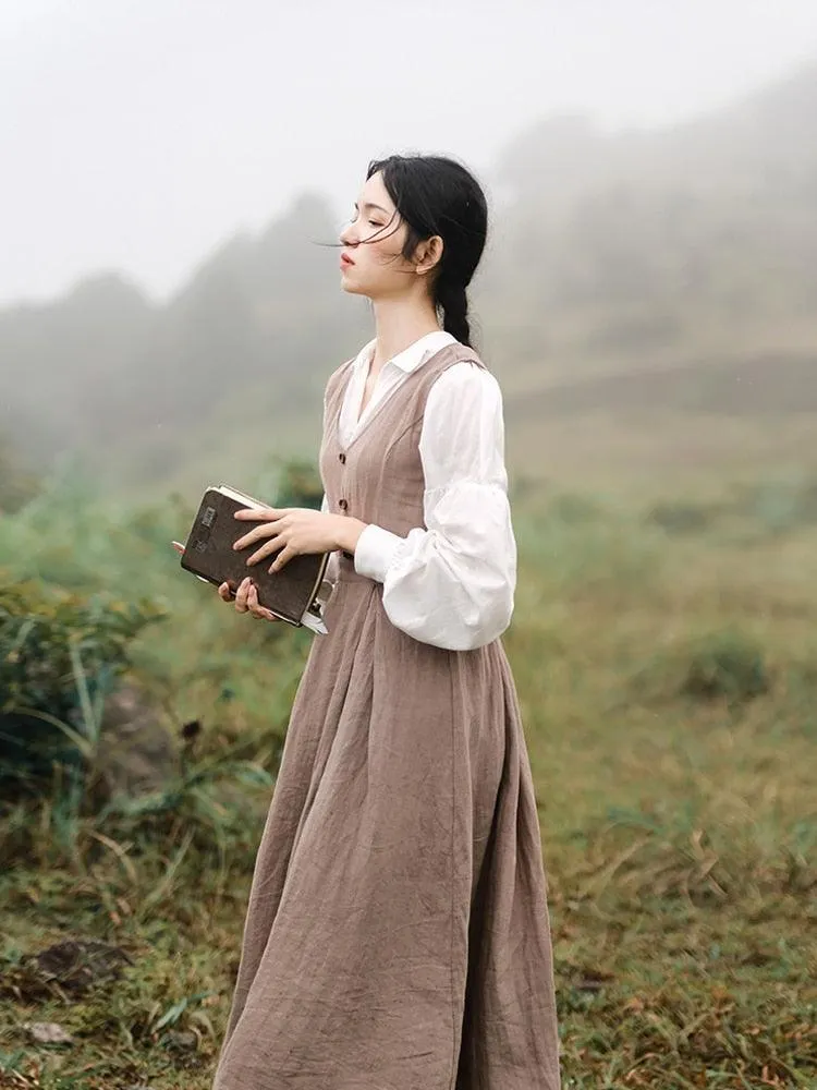 Elise Long Sleeve Dresses Women Vintage Elegant Slim 100%Linen Dress Pastoral Style V-Neck Two-Piece Dress