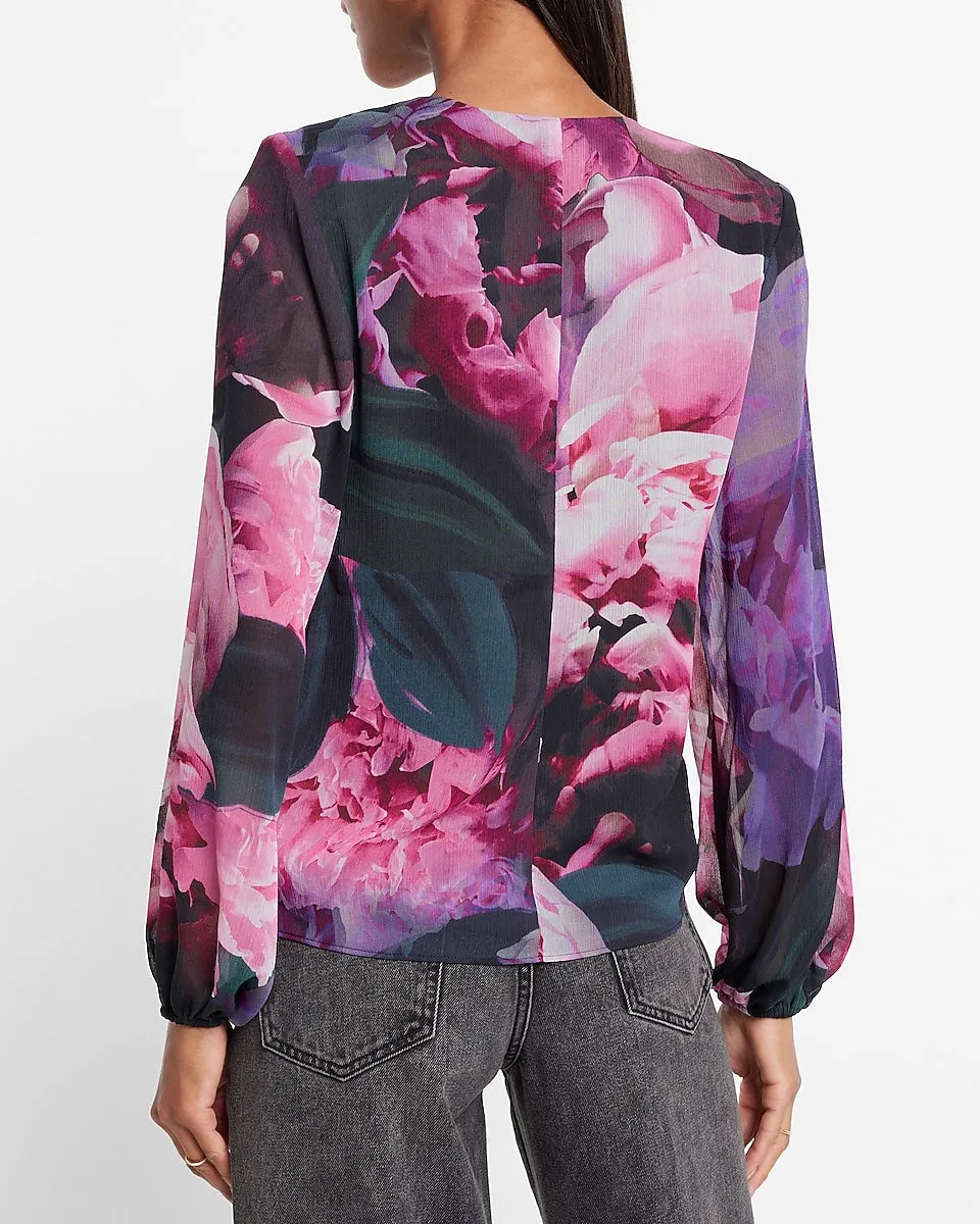 Floral Print Deep V-Neck Balloon Sleeve Tie Front Top in Purple Print