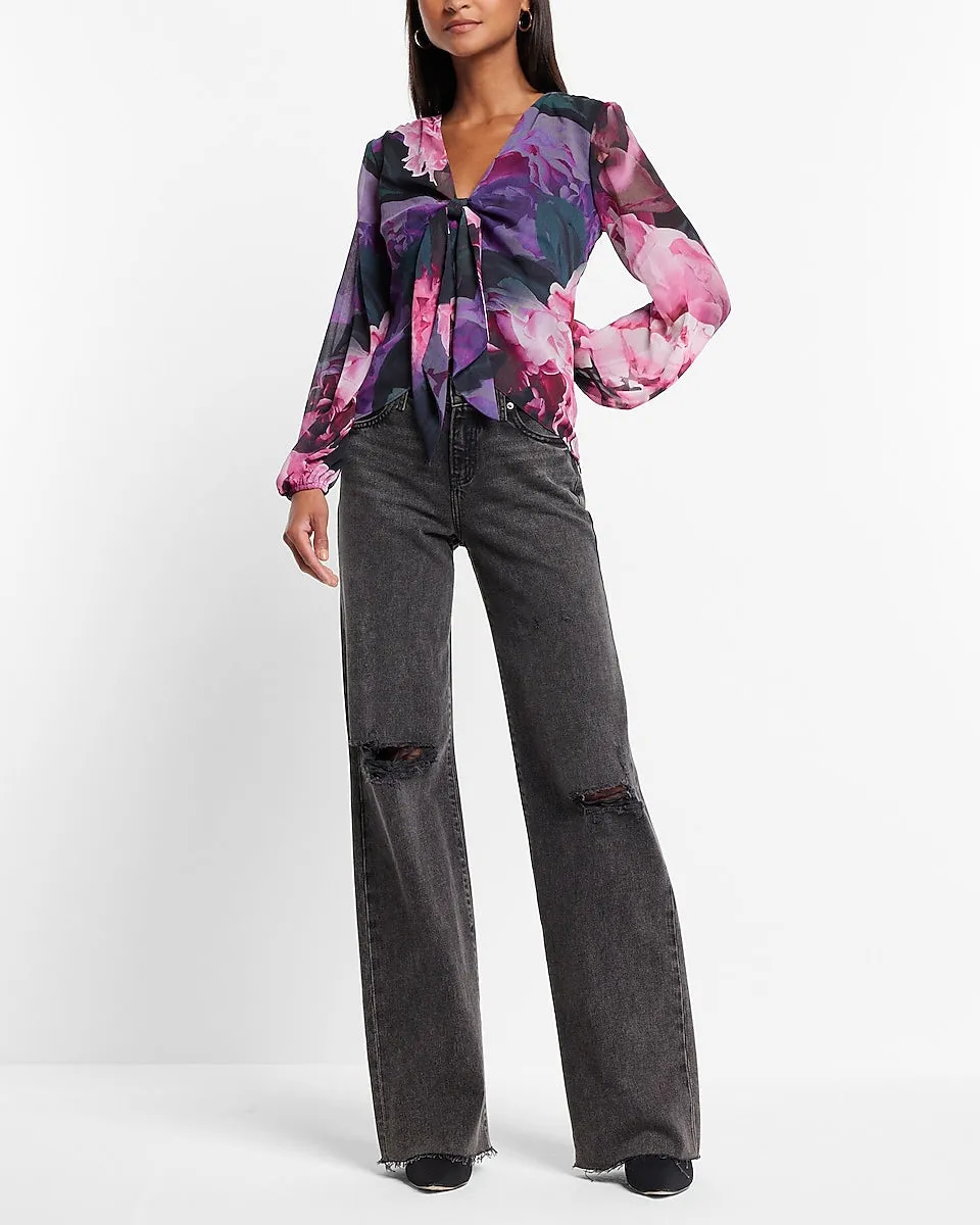 Floral Print Deep V-Neck Balloon Sleeve Tie Front Top in Purple Print