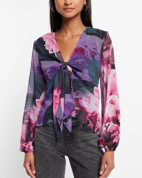 Floral Print Deep V-Neck Balloon Sleeve Tie Front Top in Purple Print