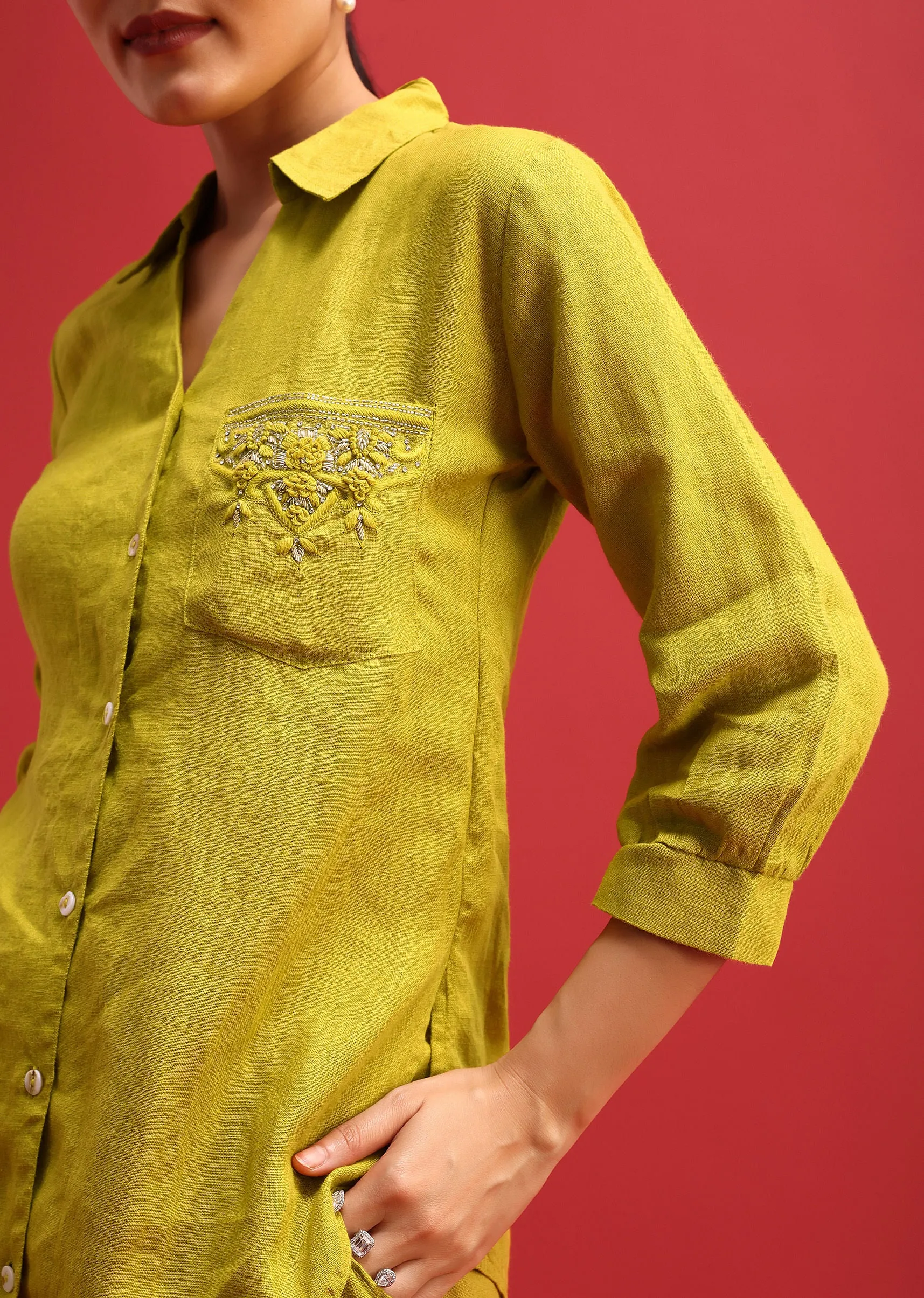 Mehendi Green Embroidered Linen Co ord Set