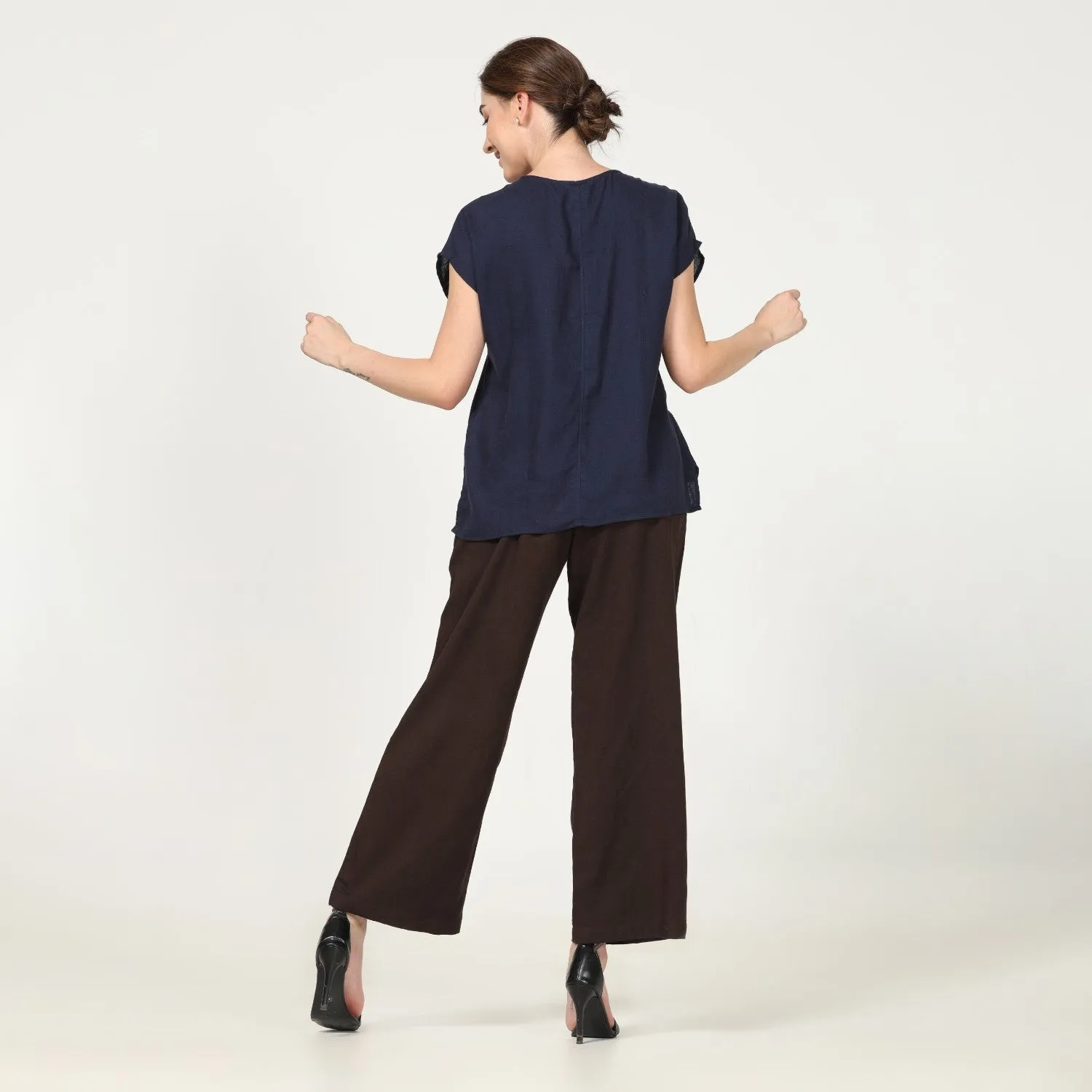 Navy Blue Cap Sleeve Top With Coffee Brown Pant | Linen Modal & Tencel