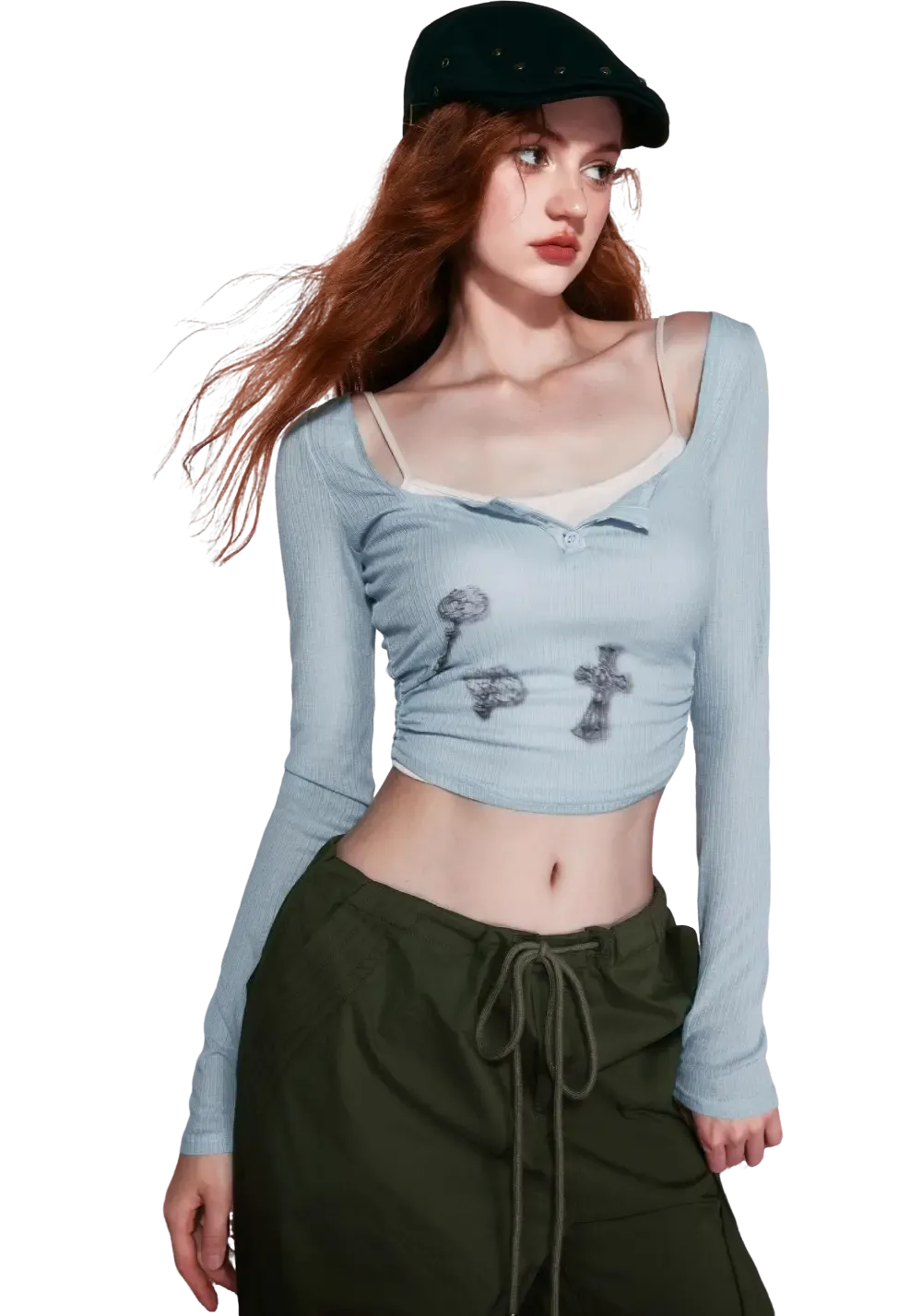 Off-the-shoulder strappy printed T-shirt