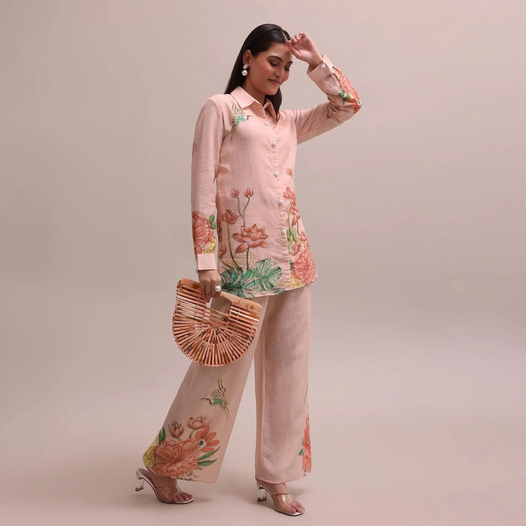 Pastel Peach Floral Printed And Sequin Worked Linen Co-ord Set For Summer