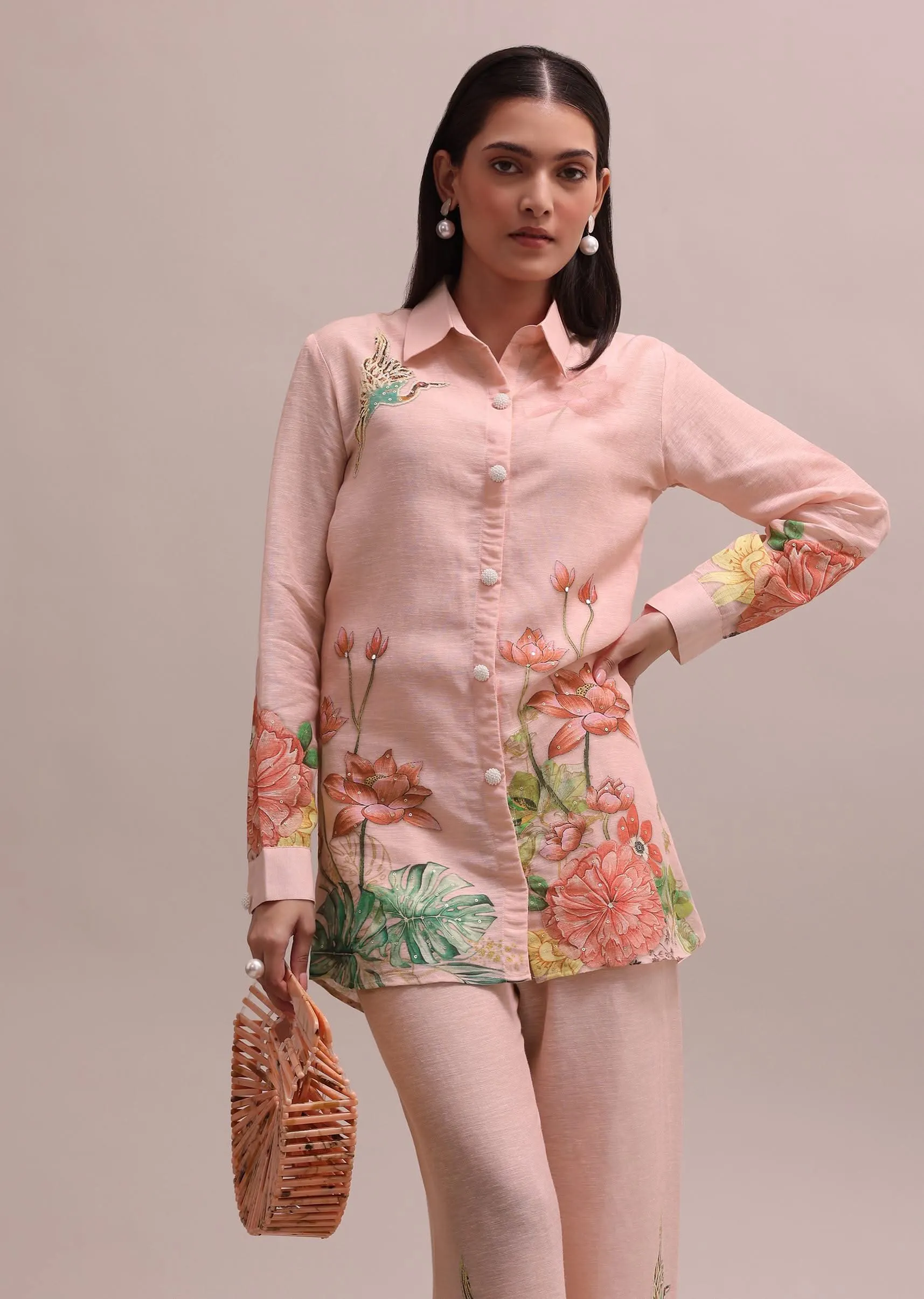 Pastel Peach Floral Printed And Sequin Worked Linen Co-ord Set For Summer
