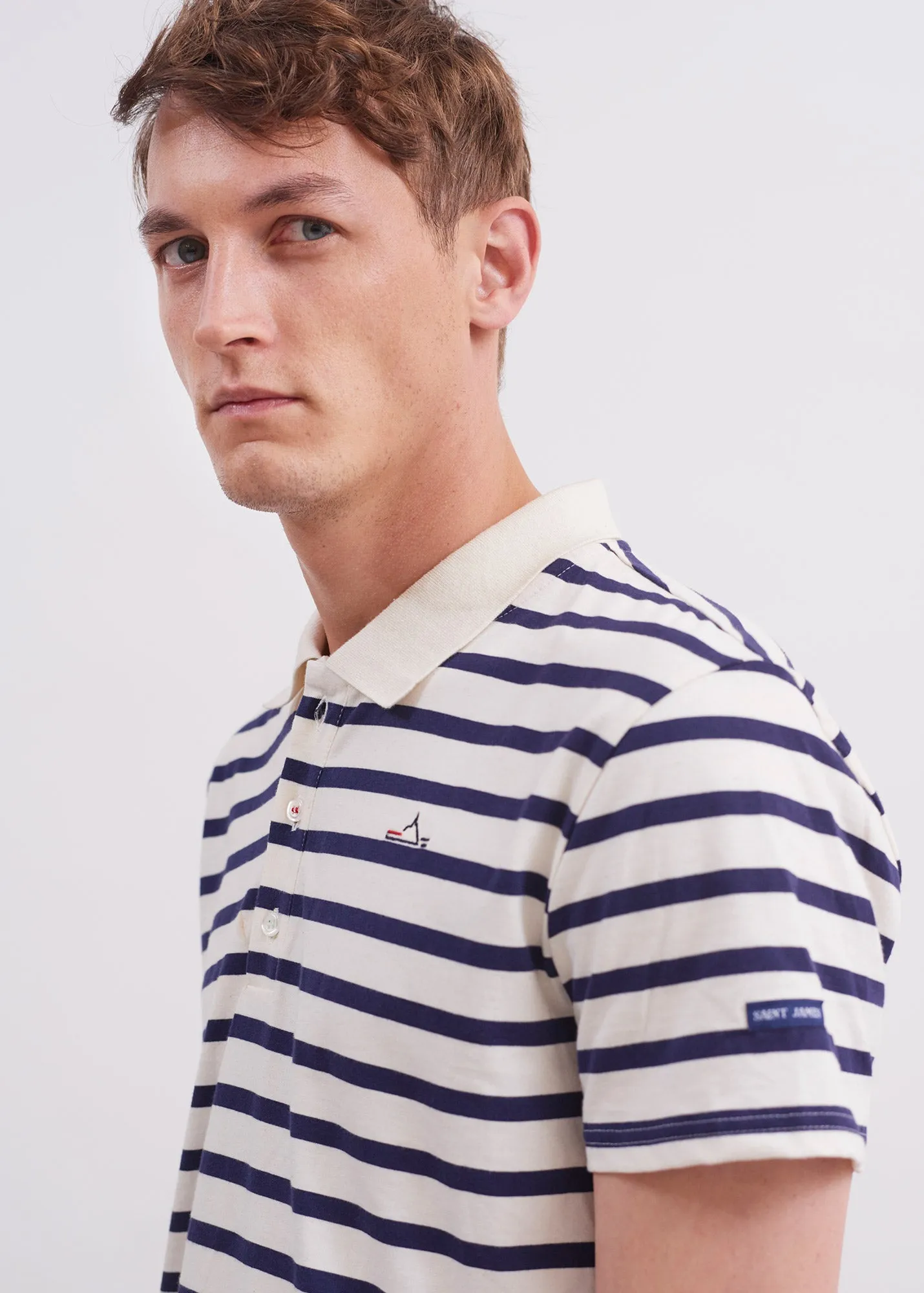 Plogoff sailor striped polo shirt - short sleeves, in cotton jersey (ECRU/MARINE)
