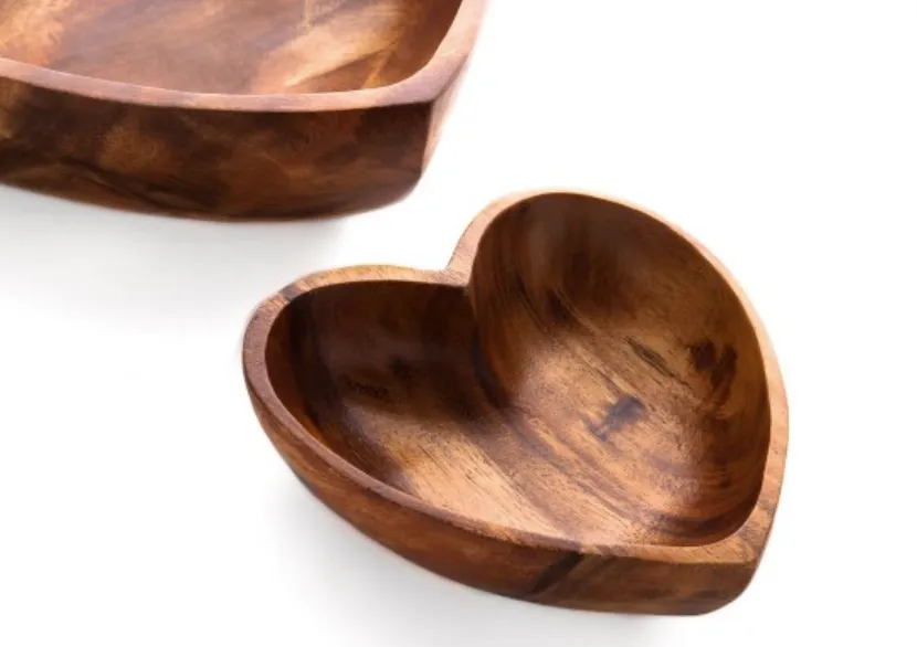 Set of 2 Acacia Wood Heart Bowls, 6" & 10" Bowls - Fair Trade & Sustainably Harvested