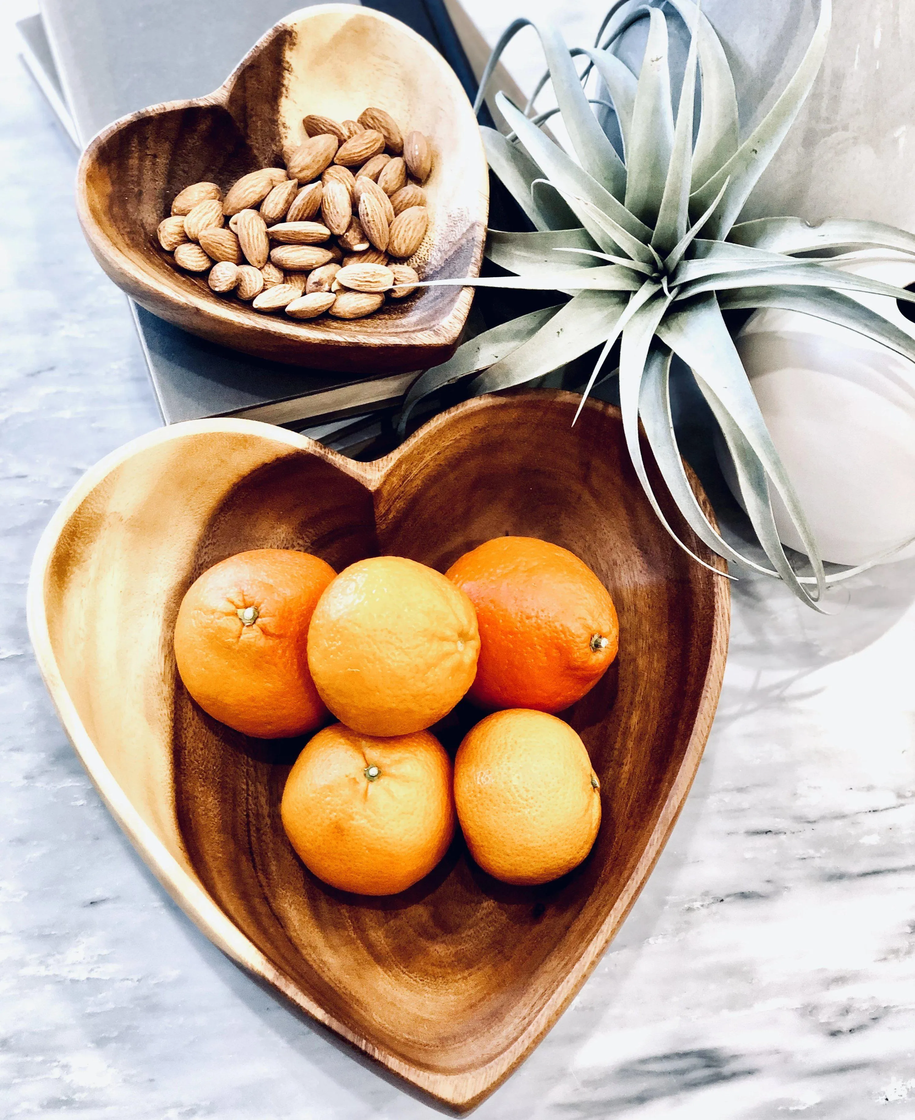 Set of 2 Acacia Wood Heart Bowls, 6" & 10" Bowls - Fair Trade & Sustainably Harvested