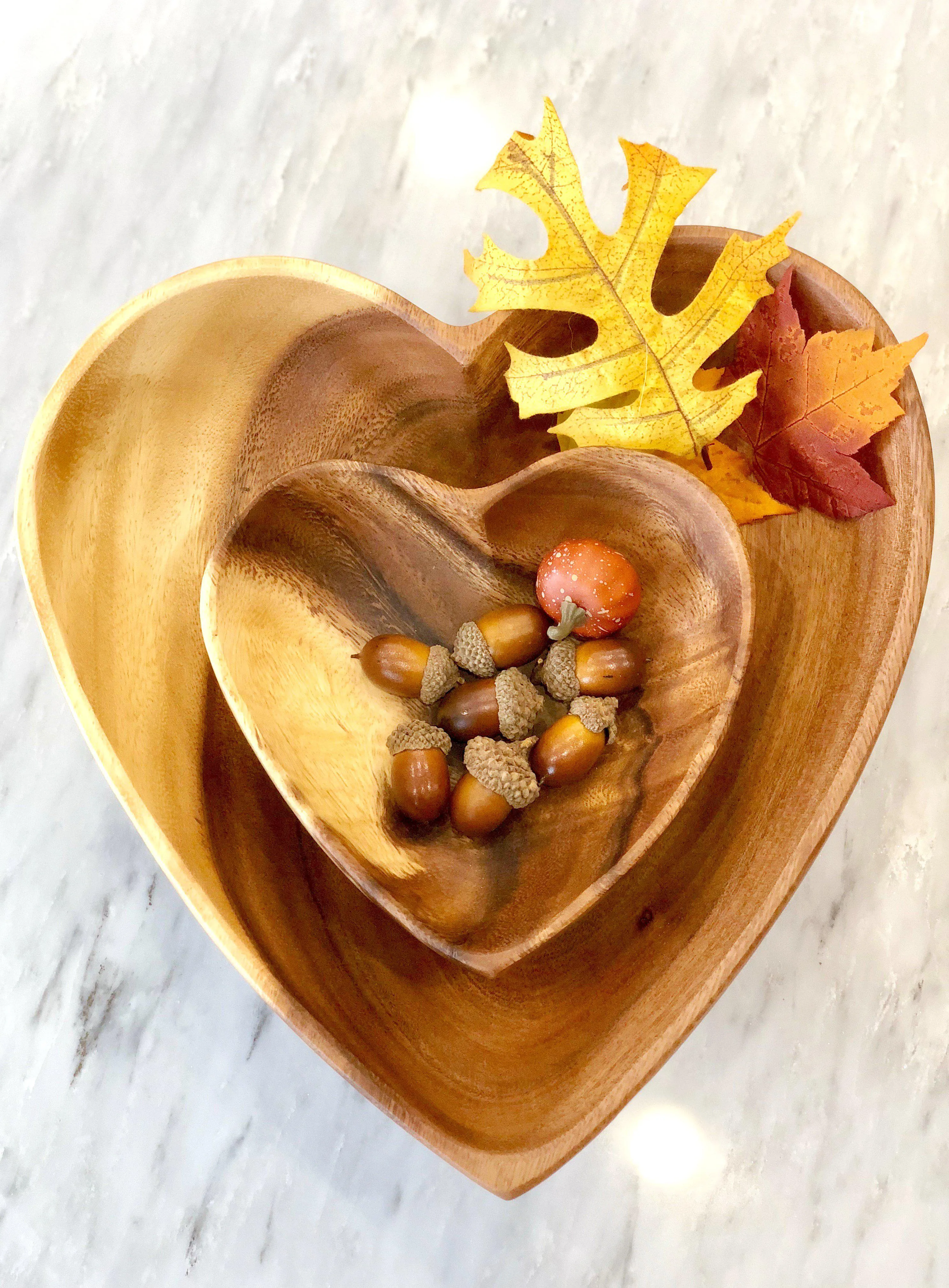 Set of 2 Acacia Wood Heart Bowls, 6" & 10" Bowls - Fair Trade & Sustainably Harvested
