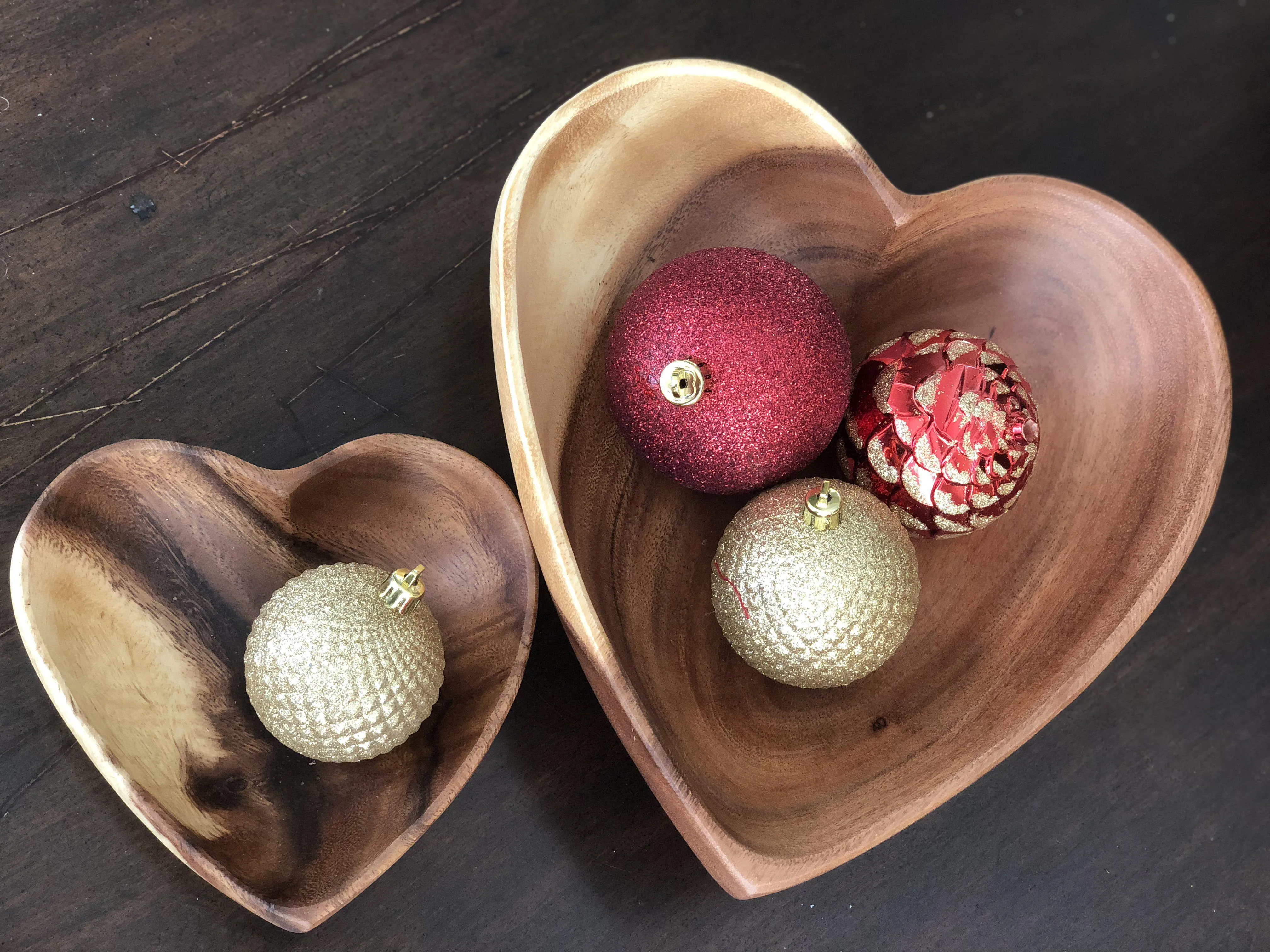 Set of 2 Acacia Wood Heart Bowls, 6" & 10" Bowls - Fair Trade & Sustainably Harvested