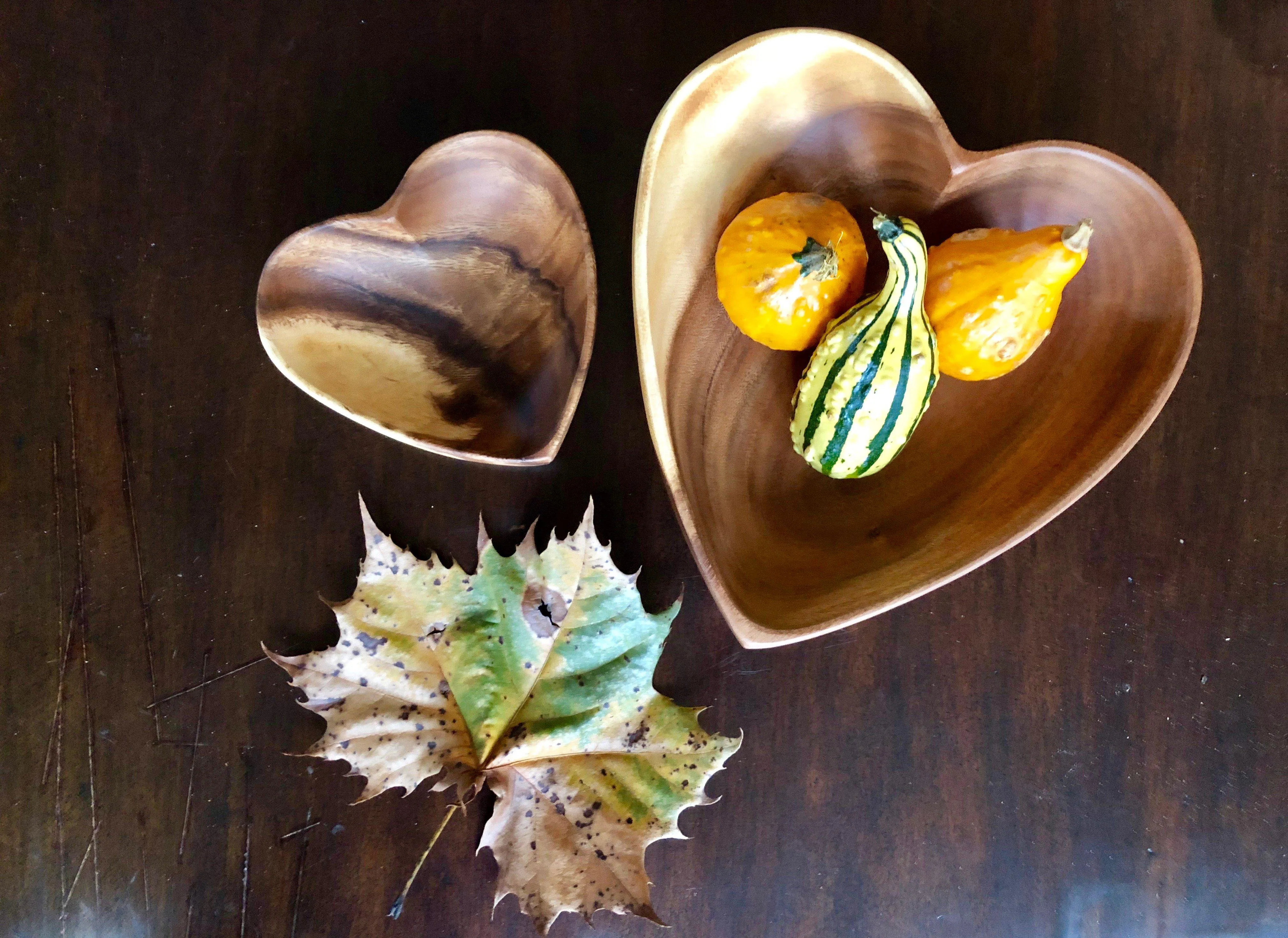 Set of 2 Acacia Wood Heart Bowls, 6" & 10" Bowls - Fair Trade & Sustainably Harvested