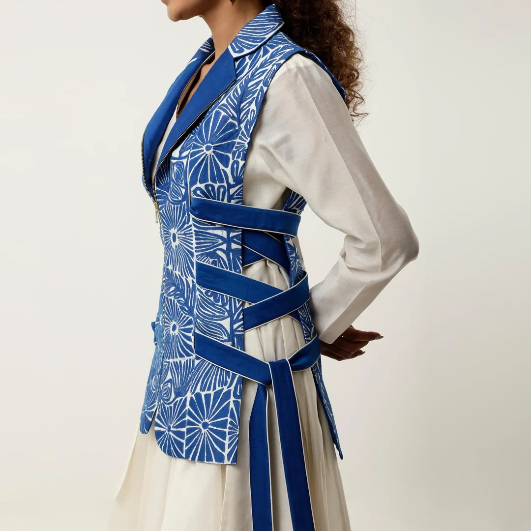 SIDE TIE UP CUTWORK JACKET WITH DRAPED INNER AND PANTS
