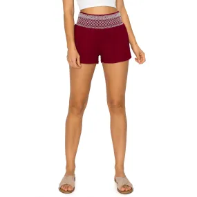 Smocked Waistband with Contrast Stitch Linen Short - Burgundy Cream
