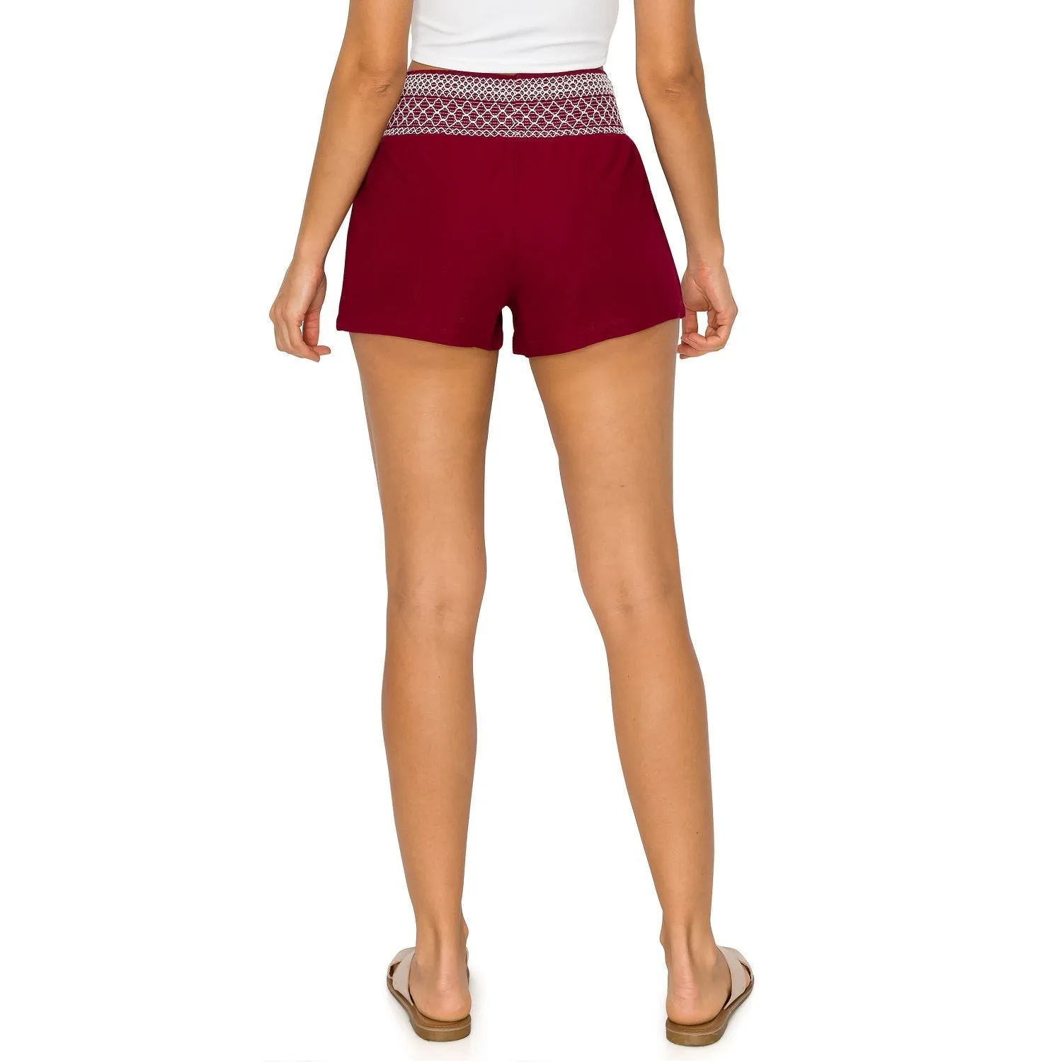 Smocked Waistband with Contrast Stitch Linen Short - Burgundy Cream