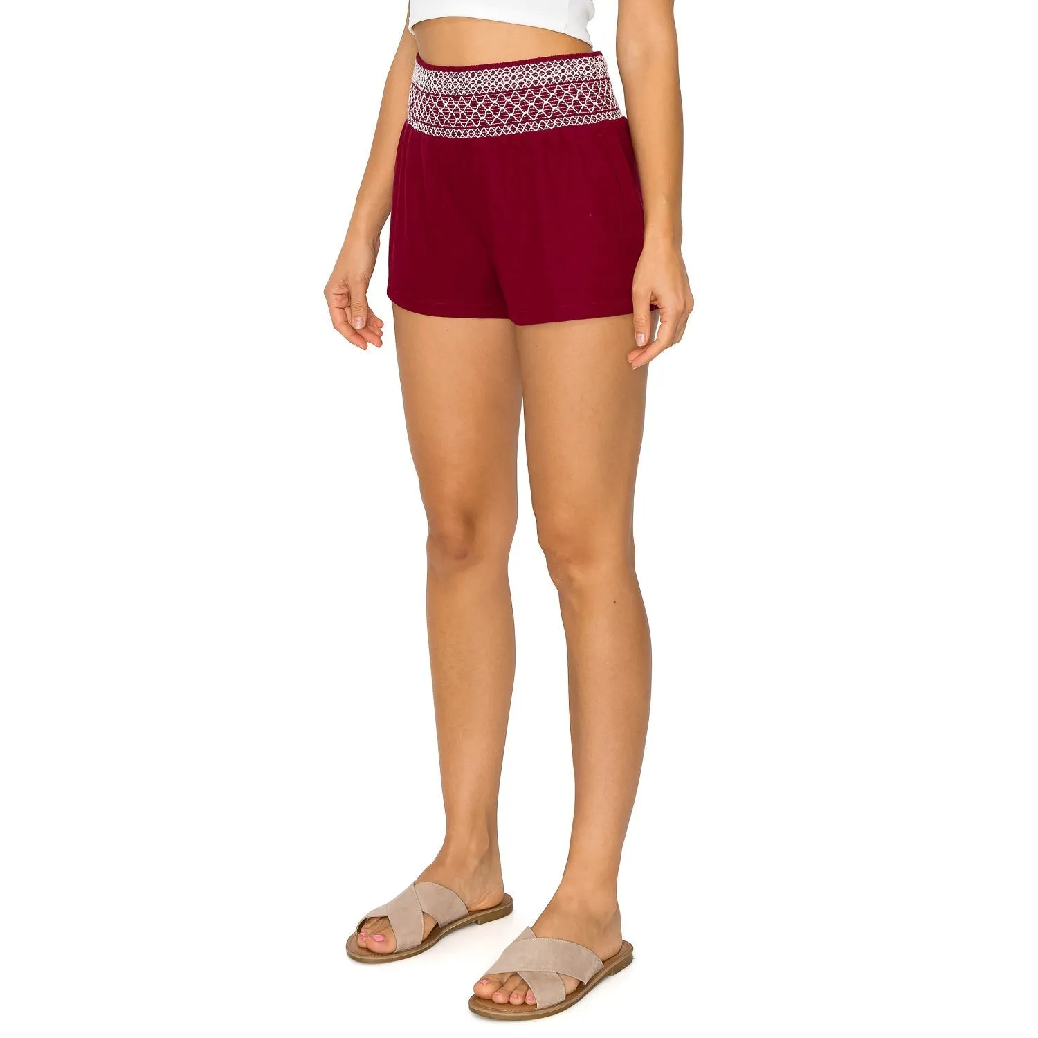 Smocked Waistband with Contrast Stitch Linen Short - Burgundy Cream