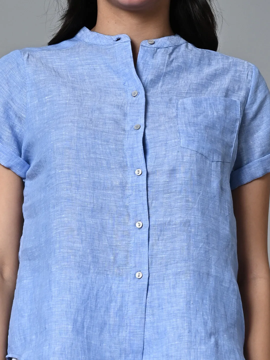 Women's Blue Linen Regular Fit Blouse